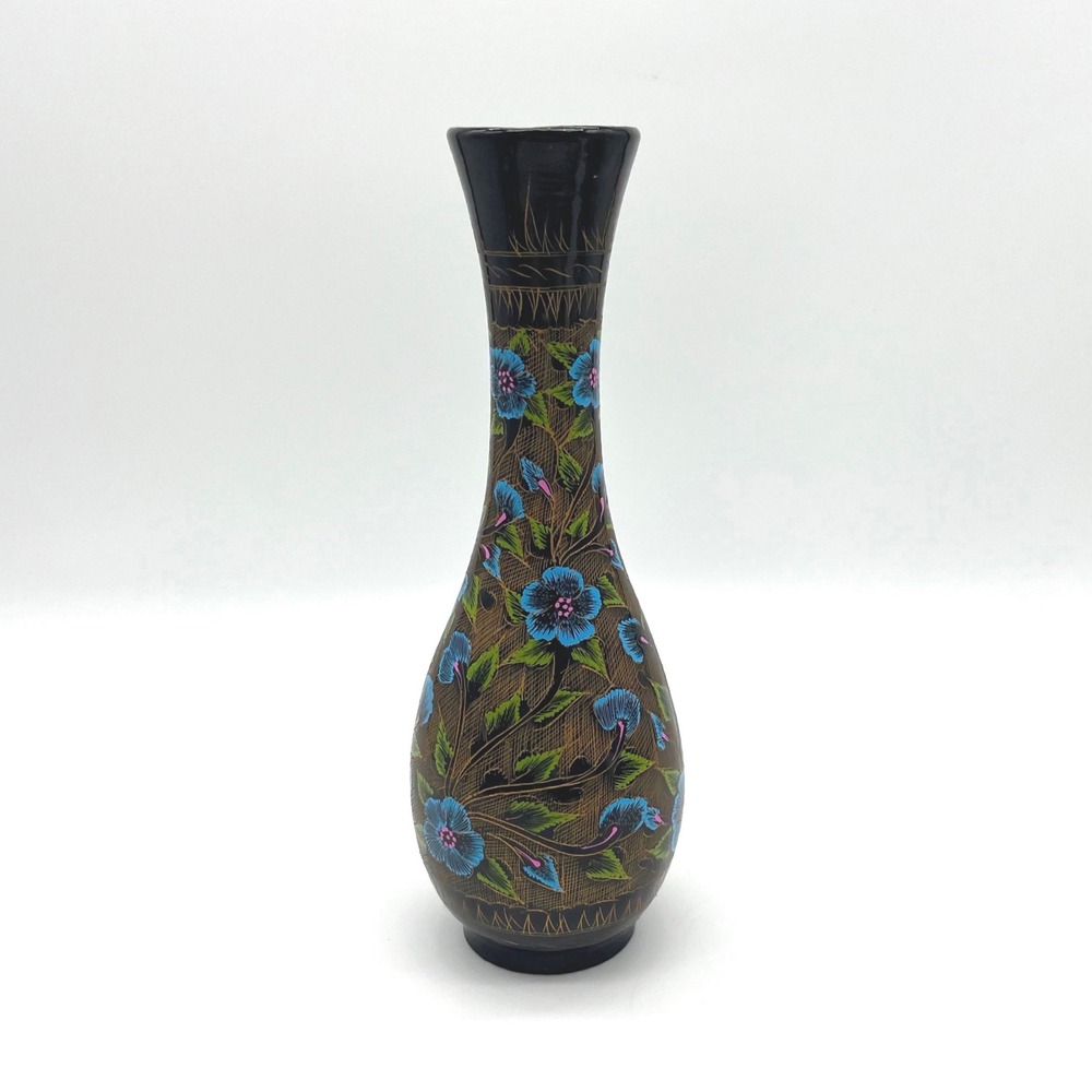 Decorative Flower Vase Black Lacquerware Blue Floral Gold‎ Accent Home Decor